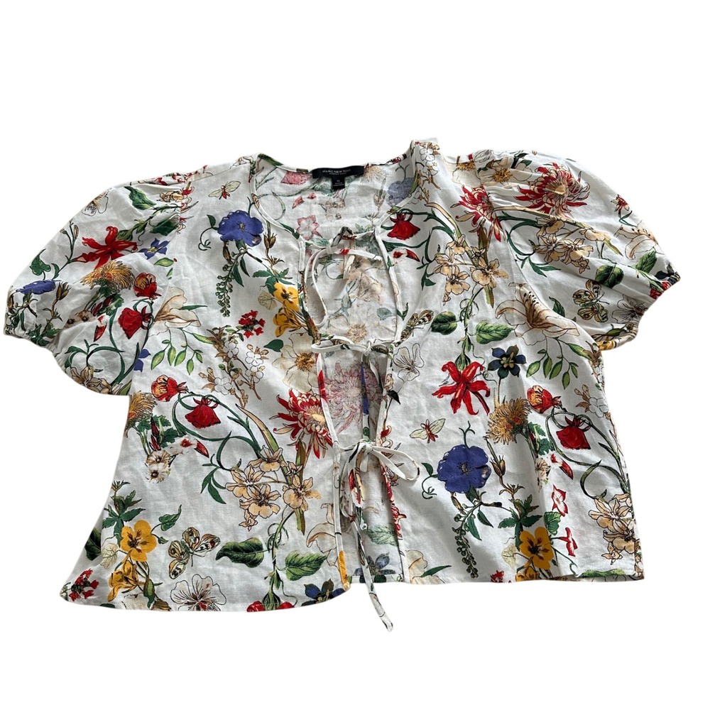 Marc New York Floral Linen Blend Tie Front Puff Sleeve Top XL White Multi
